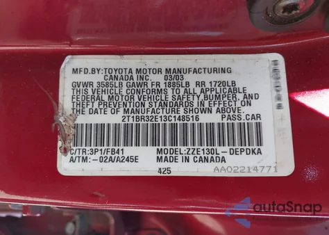 2003 Toyota Corolla Ce из США, поврежденный, VIN 2T1BR32E13C148516